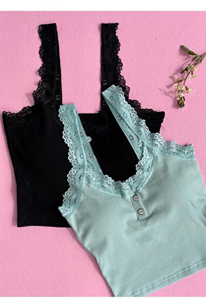 VicTroy قميص داخلي نسائي مكون من قطعتين باللونين الأسود والأخضر مع وسادة وأزر...