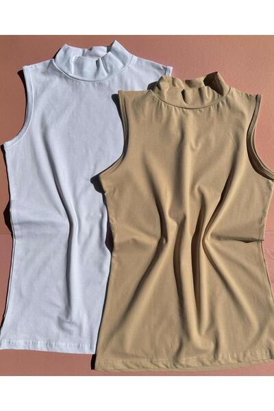 Ahmio White and Tan Colored Set of 2 - Turtleneck Sleeveless Rescue Women's A...