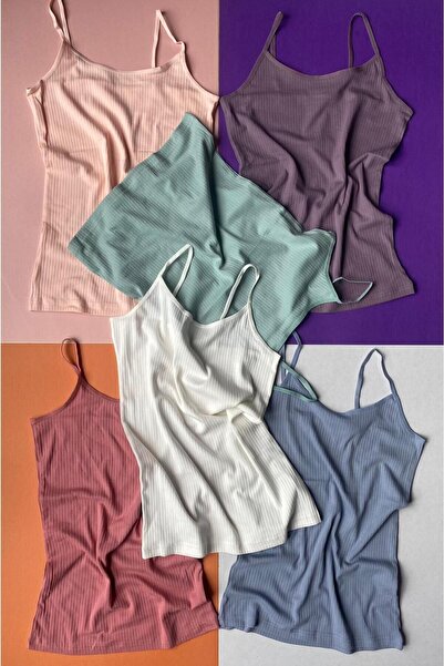 VicTroy Pamuklu, Likralı 6'lı Fitilli Kadın Atlet ( Siyah, Ekru, Ten, Pembe, ...