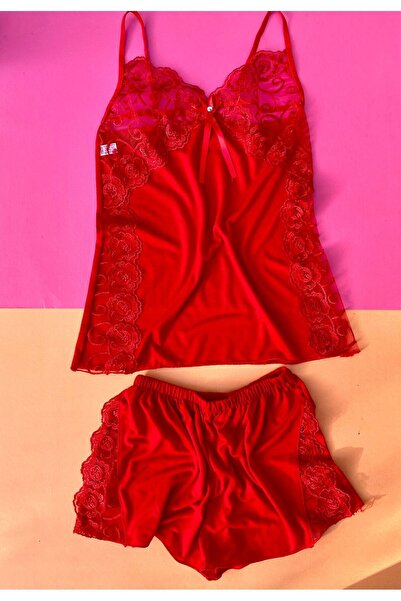 VicTroy Red Color Color Viscose Fabric Lace Nightgown Set with Transparent Sides