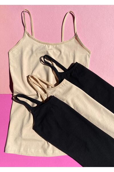 Ahmio Černé a hnědé 4dílné bavlněné základní dámské tílko - s provazovým popr...