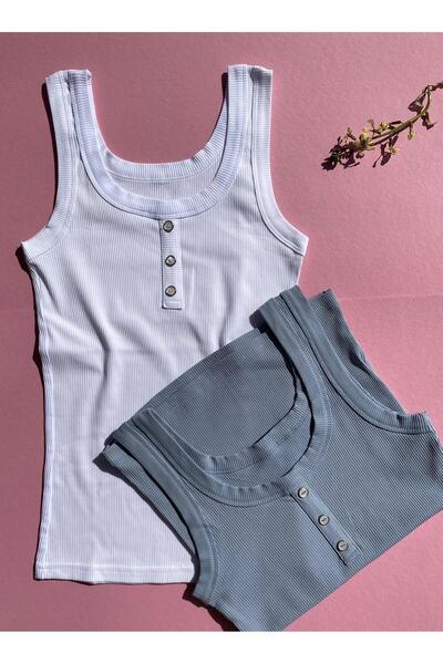 VicTroy Button Detailed 2 Pieces Camisole Thick Strap Lillesol Blue And White...