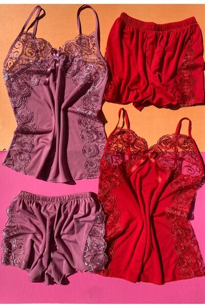 VicTroy Viscose 2-Piece Dried Rose and Red Color Lace Nightgown Set