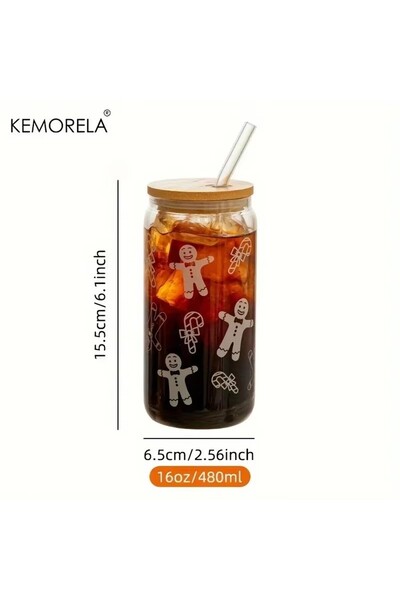 Choice كوب زجاجي للكريسماس سعة 480 مل، ربع قطعة، كوب قهوة مع غطاء وماصة، مزين...