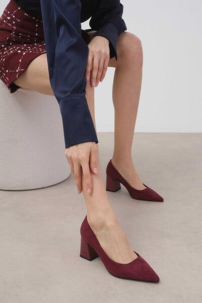 Mio Gusto Fleur Bordo Renk Süet Blok Topuklu Kadın Topuklu Ayakkabı