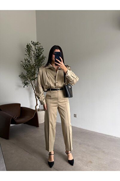 Bade Butik Beige Pleated Detailed Belted Trouser Set