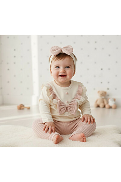 MİNİBORN Cotton Bow Lace Detailed 3-Piece Baby Girl Set