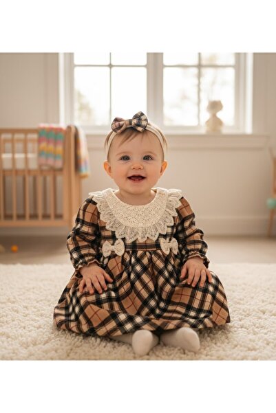 MİNİBORN Girls Long Sleeve Beige Checked Woven Collar Detail Dress Set