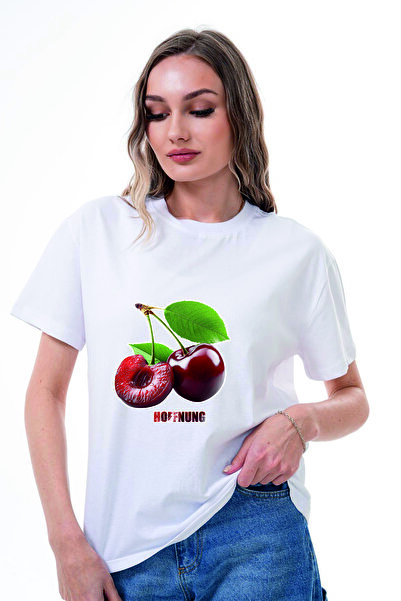HOFFNUNG Unisex Short Sleeve Round Neck 2 Cherries Printed Solid Color t Shirt