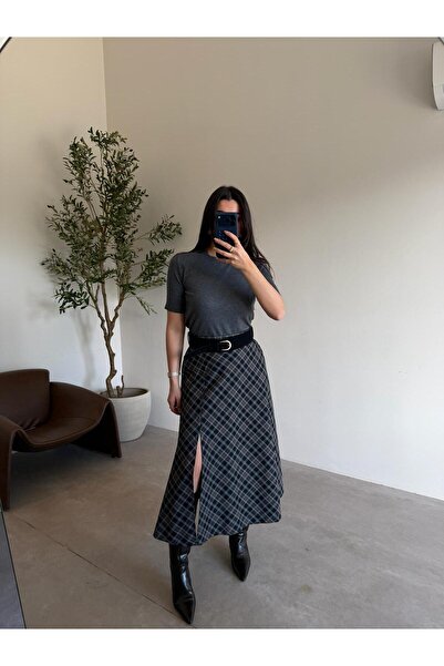 Bade Butik Black plaid belted slit skirt