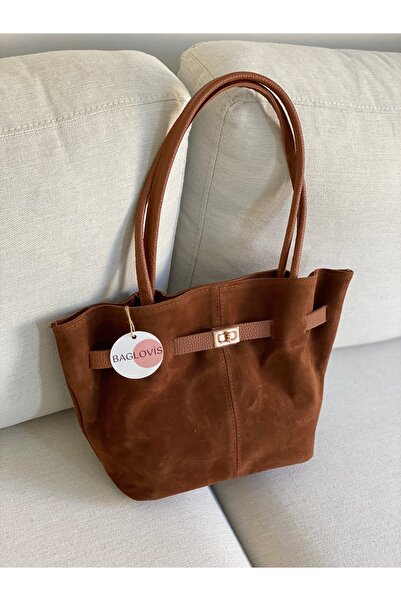 BAGLOVİS حقيبة كتف نسائية من جلد الغزال البني مع تفاصيل قفل أمامي