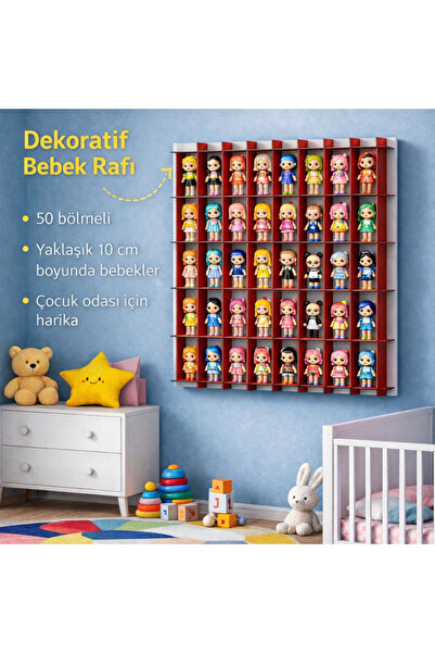 TOTTERİQ Miniş figür oyuncak bebek ahşap koleksiyon rafı 50 li duvar rafı kız...