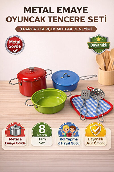 YILDIRIM OYUNCAK Metal Paslanmaz Emaye Renkli Oyuncak Tencere Seti 8 Parça Ak...