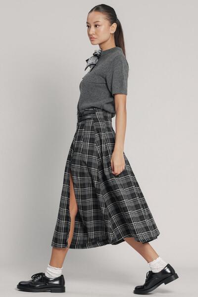 Olcay Slit Flared Plaid Skirt with Belt Detail Dark Gray 7057