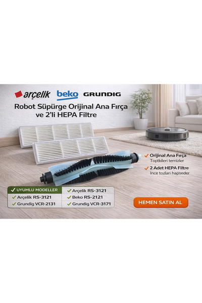 Beko مكنسة كهربائية روبوتية Rs 2121 - فرشاة رئيسية أصلية وفلتر هيبا 2 قطعة