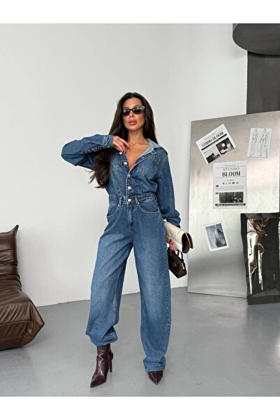 HerTon Kapüşonlu Relax Fit Mavi Denim Tulum