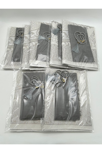 LenaToptan مجموعة من 10 سجادات صلاة رمادية اللون مع وشاح وسبحة، هدية للحج وال...