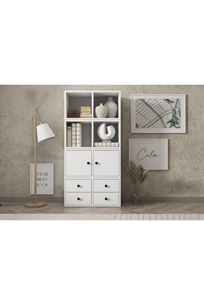 Nettrends 2 Kapakli Çekmeceli Rafli Kitaplik 65 cm Beyaz KTP-1035-Ç