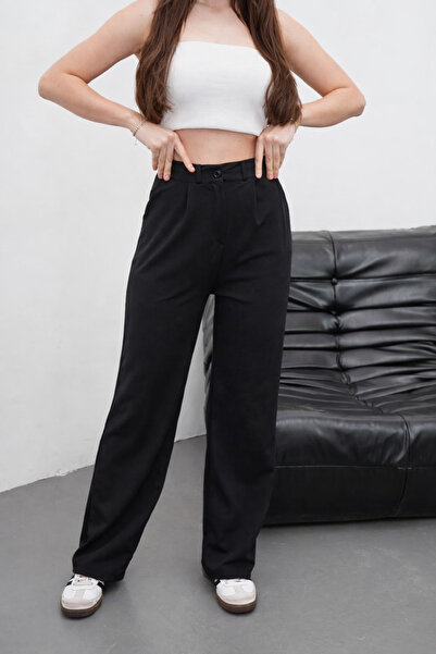 glanour بنطلون بالازو نسائي أسود قصة فضفاضة قطع أصلية