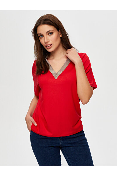 Faik Sönmez Kadın Zincir Şertili V Yaka Kısa Kol T-Shirt 25Yus25Tsh064