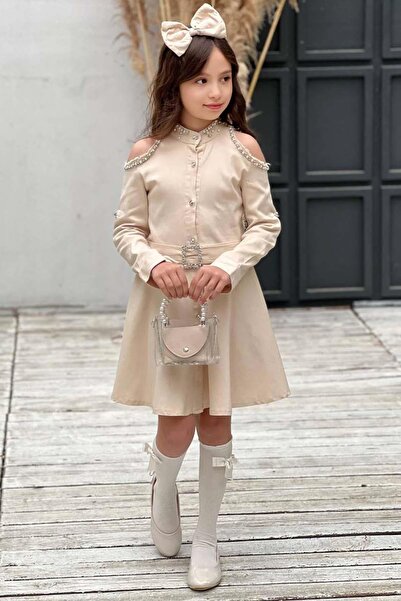 Riccotarz Kız Çocuk Omuzu ve Yakası Taş İşlemeli Bej Kot Elbise