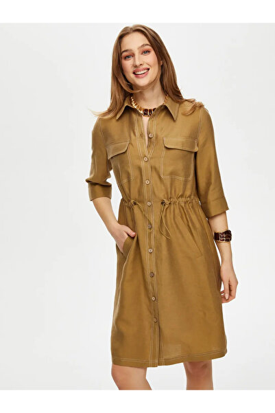 Faik Sönmez Minimalist 3/4 Sleeve Midi Casual Linen Dress