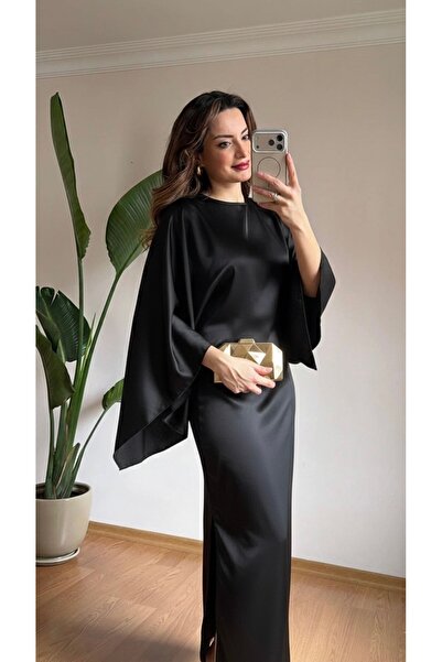 LAPİS Kayık yaka yarasa kol saten elbise