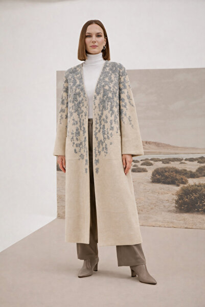 Uludağ Triko Taş Gri Kabartma Çiçek Desenli Triko Kadın Hırka