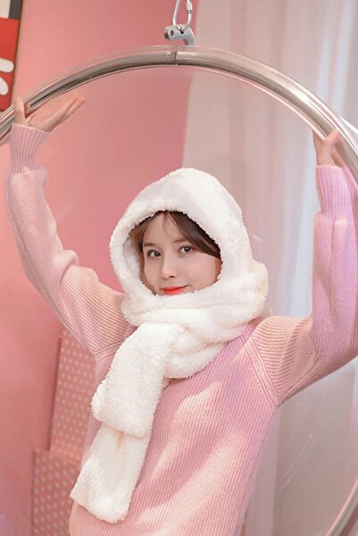 Bundeba Kulaksız Scarf Beyaz Balaklava Kapşonlu Kadın Peluş Bere Atkı Kadın W...