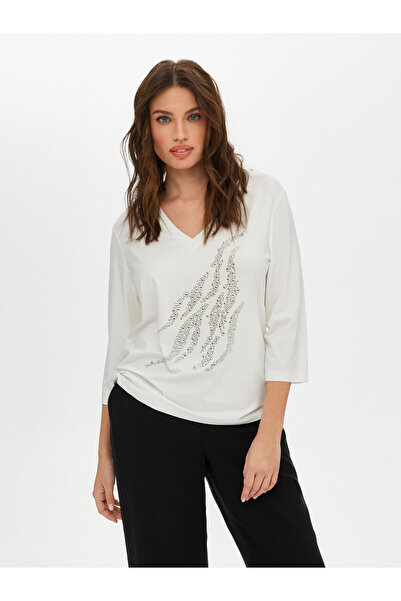 Faik Sönmez Tricou minimalist pentru damă, cu decolteu în V, cu mâneci 3/4, c...