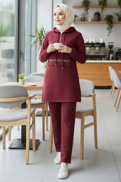TOFİSA Stone Detailed Elastic Ankle Modal Double Suit Burgundy - 1001-Bordo