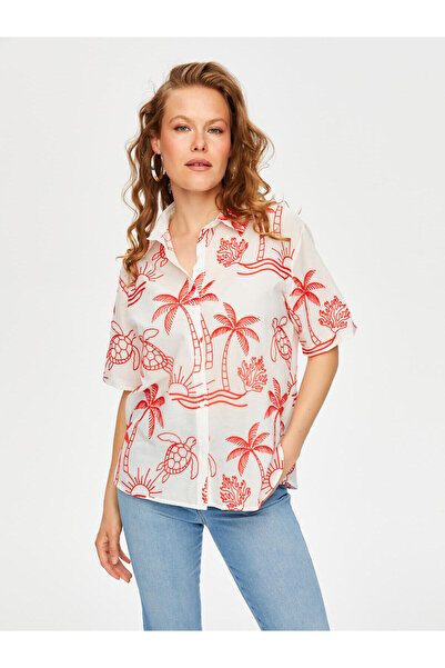 Faik Sönmez Cămașă din voal de bumbac cu mânecă scurtă brodată cu broderie tr...