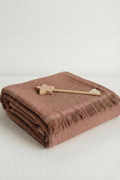 Cigit بطانية موسلين عضوية بأربع طبقات مع شراشيب 80×120 سم بني فاتح