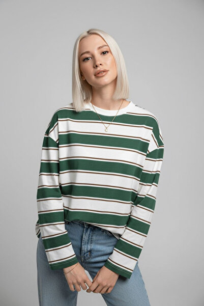 Seeh Tricou verde cu mânecă lungă, cu dungi, guler rotund bumbac 100% bucăți ...