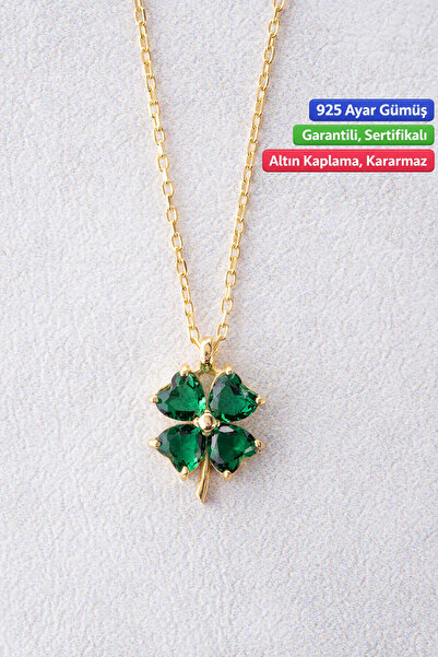 Jewelmim Yeşil 4 Yapraklı Yonca Gümüş Kolye 18 Ayar Sarı Altın Kaplama 925 Ay...