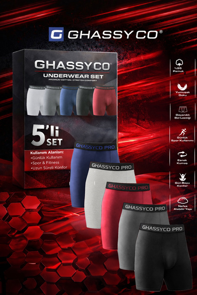 GHASSY CO. Men's Cotton Lycra Boxer 5-Pack with Soft Texture and Flexible Wai...