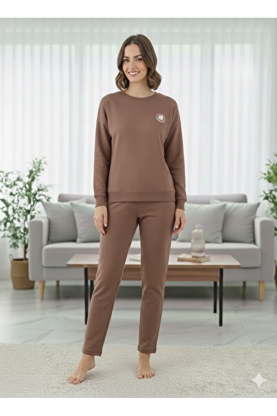 sleeproom Women's Brown Lycra Comfortable Tracksuit Set