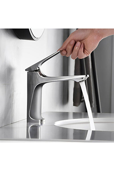 Choice صنبور حوض حمام عصري مطلي بالفضة، ذو قلب نحاسي، بمقبض مفرد ، يُثبت على ...