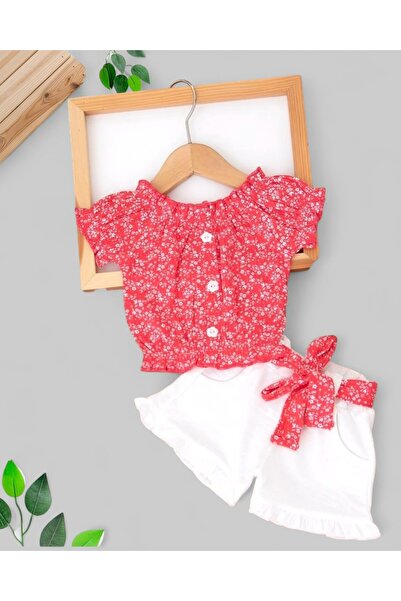 voyyo kids baby Kız Çocuk Kemerli Şortlu ve Çiçekli Fitilli T-shirt Yazlık 2-...