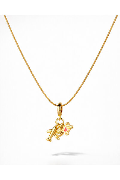 Portakal Esintisi Uçaklı Pembe Bavul Charmlı Seyahat Çelik Kolye