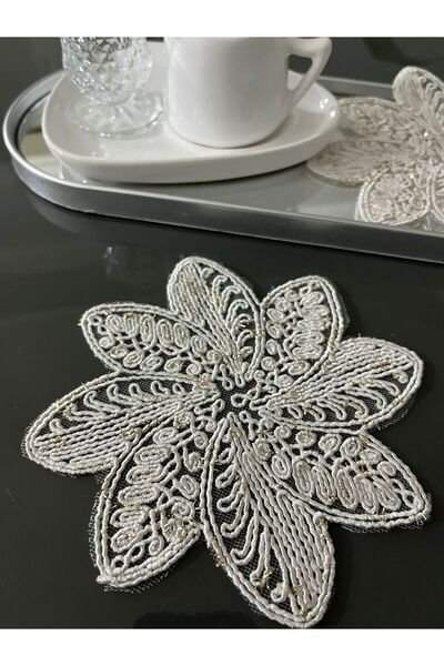 BRL ÇEYİZ HOME 6-Piece Silvery Coffee-Edged Stylish Presentation Tulle Napkins with Laces