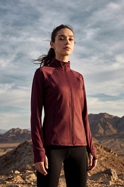 TOMMY LIFE سترة جري نسائية مريحة بسحاب باللون الأحمر الداكن ياقة مرتفعة متوسط...