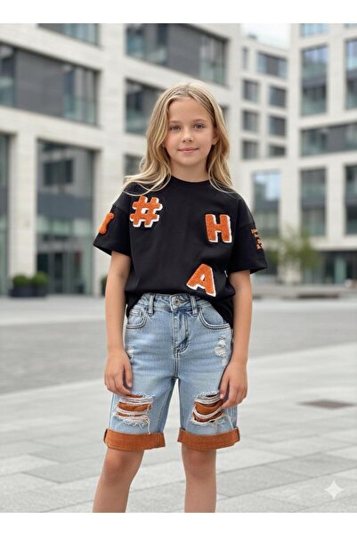 Hilal Akıncı Kids Дівчача футболка з вишивкою та шорти з розрізами
