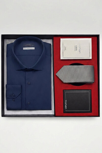 Morven Lacivert Erkek Stil Slim Fit Hediye Kutulu Gömlek, Kravat, Parfüm Ve C...