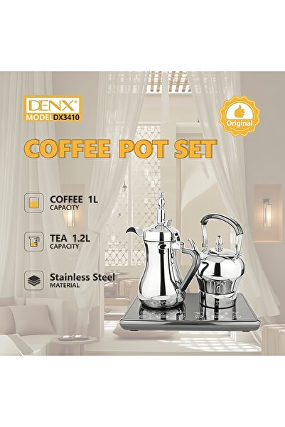 Generic DENX Stainless Steel Arabic 1L Coffee Pot + 1.2L Tea Kettle Set, Elec...