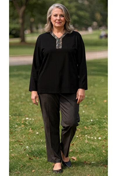 Trikolay بلوزة نسائية كبيرة الحجم بثلاثة أزرار وياقة تريكو وأكمام طويلة من ال...