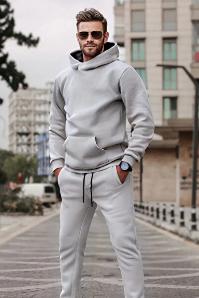 YAKAMEL Men's Hooded 3 Thread Raised Elastic Leg Sweatpants Set