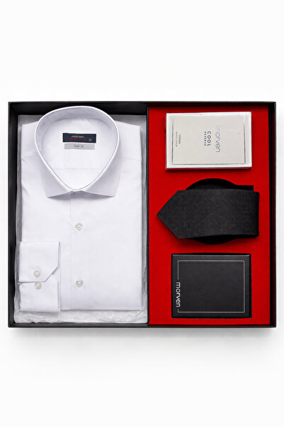 Morven Beyaz Erkek Stil Slim Fit Hediye Kutulu Gömlek, Kravat, Parfüm Ve Cüzd...