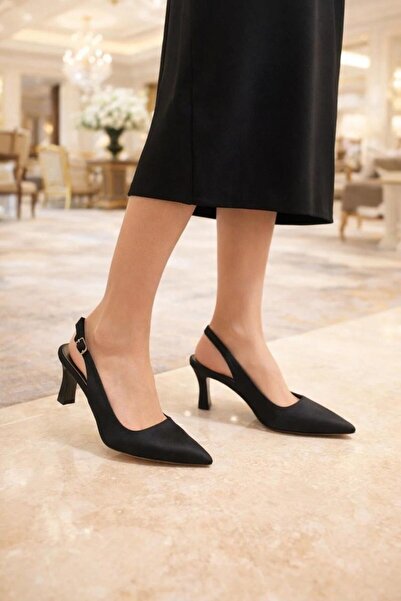 Genel Markalar Saten Stiletto Sivri Burun Arkası Bantlı Topuğu Açık Günlük Ra...