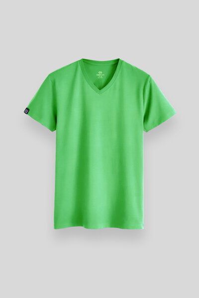 TOMMY LIFE Neon Green Basic Short Sleeve Standard Fit V-Neck Men's T-Shirt - ...